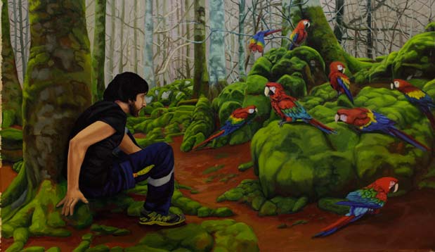 Iker Serrrano Encuentro guacamayesco, 2013, óleo sobre lino, 54 x 92 cm
