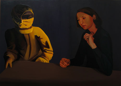 Sara Quintero Hablando con un hombre de ciencia, 2002. Óleo sobre tabla, 116 x 88,5 cm.