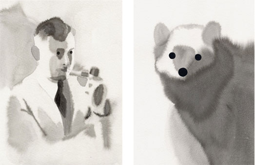 Impresor, 2010, tinta china sobre papel Montval, 18 x 24 cm.  Marta pescadora, 2010, tinta china sobre papel Montval, 18 x 24 cm.