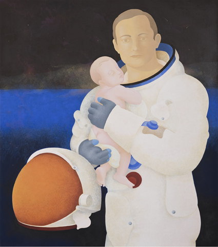 Astronauta y niño, 2012.  Flashe y temple de huevo sobre tablex  67 x 76 cm