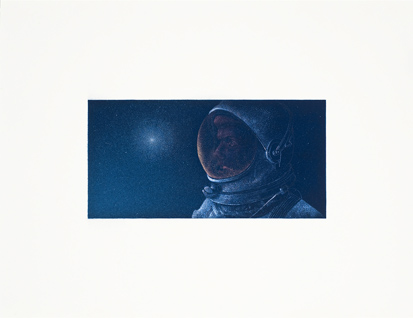 Astronauta,  2014.  Flashe y gouache sobre papel Arches  Papel 61 x 46 cm / Imagen 35 x 17 cm