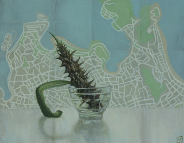 Espino y mapa de Río (2012). Óleo/lienzo, 27 x 35 cm.