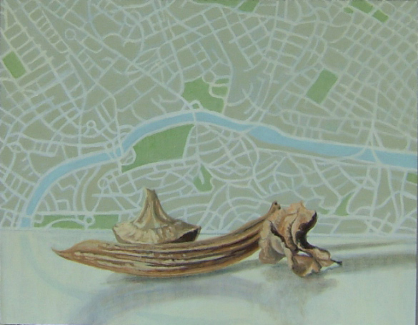 Semillas y mapa de Sao Paulo (2012). Óleo/lienzo, 27 x 35 cm.