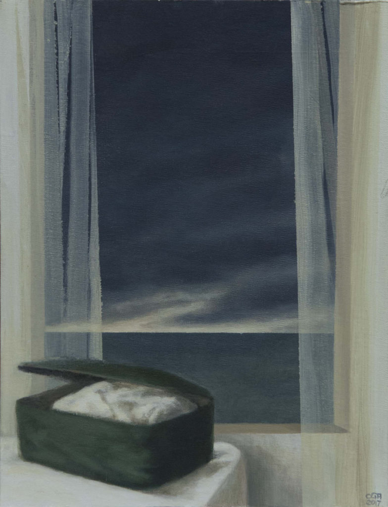Maleta y mar I, 2017, óleo / lienzo, 35 x 27 cm. 