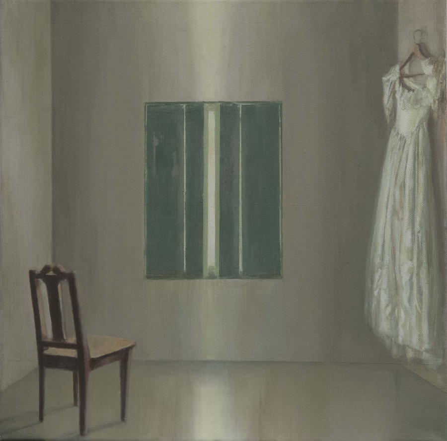 Silla y vestido, 2017, óleo / lienzo, 40 x 40 cm.