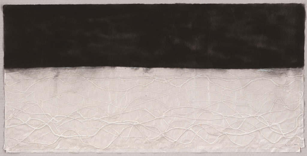 "Mar de Java" (serie Mares de China). 75x143cm (95x163cm enmarcado). Tinta china, acrílicos, grafito y cuerdas sobre papel de arroz de Xuan hecho a mano. 2016-2019
