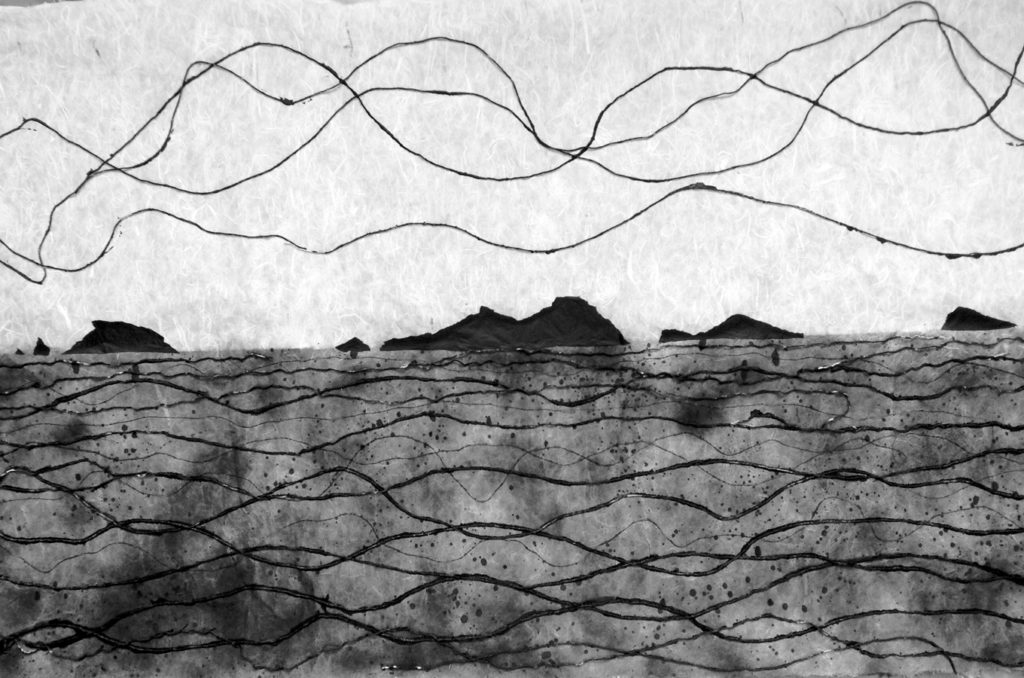"Mar de Sulú" (serie Mares de China). 75x143cm (95x163cm enmarcado). Tinta china, collage, acrílicos y cuerdas sobre papel de arroz de Xuan hecho a mano. 2016-2019