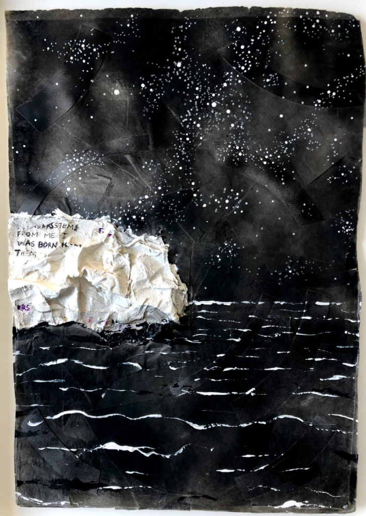 "Mar de Flores (noche)". 35x50 cm. Tinta, collage y acrílico sobre papel de algodón y bambú hecho a mano. 2010-2019.