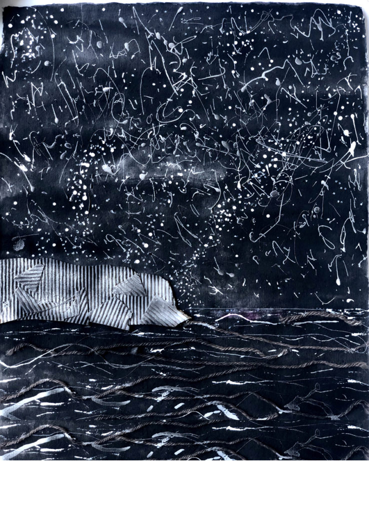 "Mar de Japón " (serie Mares de China). 50x35cm (enmarcado 60x47cm).Tinta, collage, cuerdas y acrílicos sobre papel de algodón y bambú hecho a mano. 2017-2019