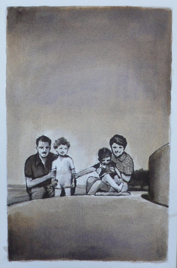 Familia posando, tinta sobre papel, 14,5 x 9,5 cm