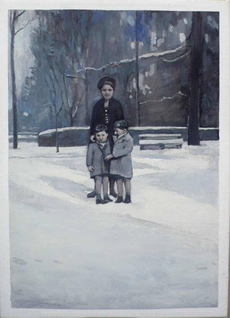 Giulio y Luciano con su madre en Villa Borghese oleo-lienzo 33x24 cm