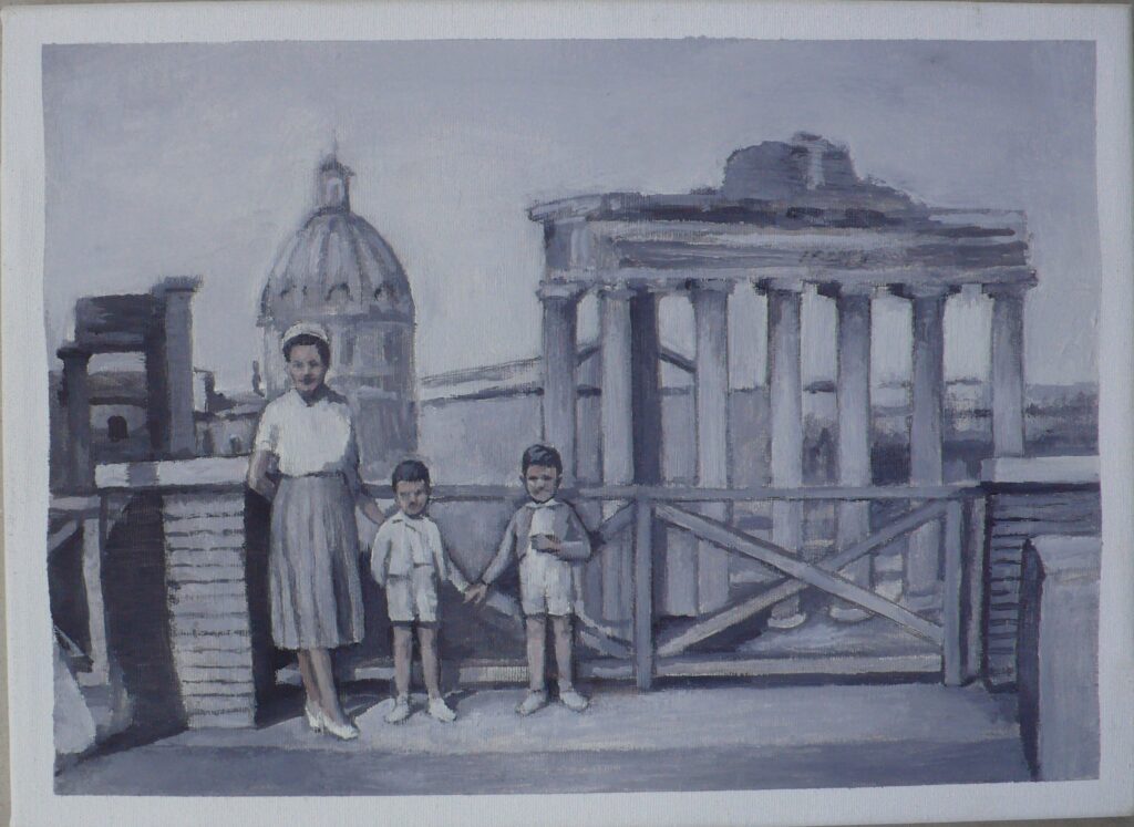 Giulio y Luciano con su madre junto a los Foros Imperiales, oleo-lienzo, 24x33cm