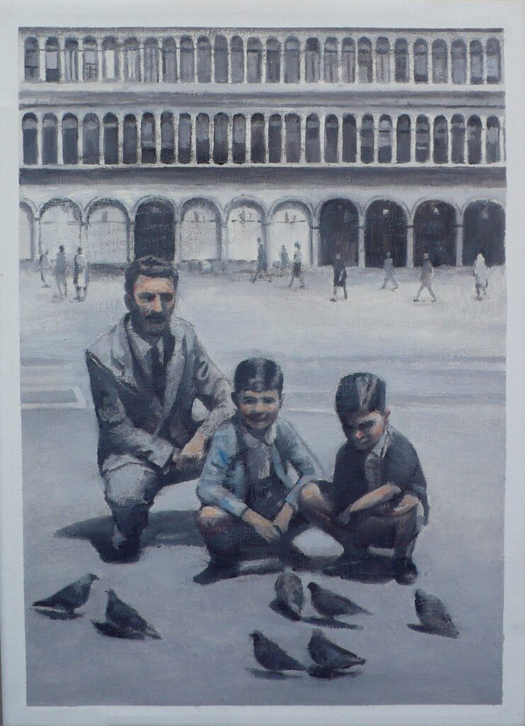 Giulio y Luciano con su padre en Venecia, oleo-lienzo 33x24 cm