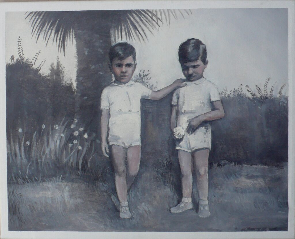 Giulio y Luciano junto a palmera, oleo-lienzo, 33x41 cm