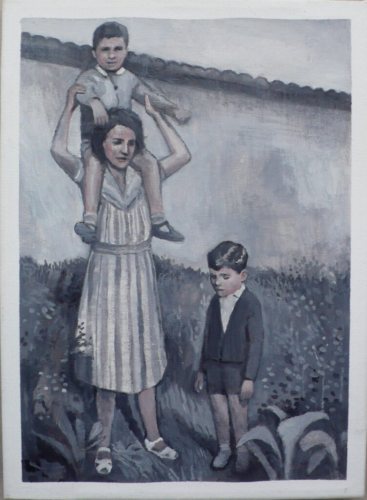 giulio y Luciano con su madre en el campo, oleo-lienzo 33x24 cm