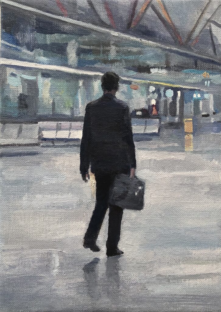 Viajero en la T4, óleolienzo, 27x19cm.