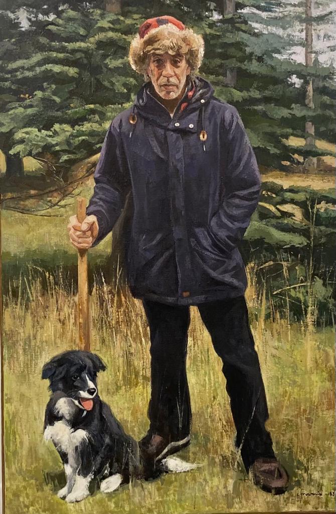Autorretrato en el bosque con mi perra, 2023. Carlos García-Alix.  Óleo/lienzo,78x120 cm.