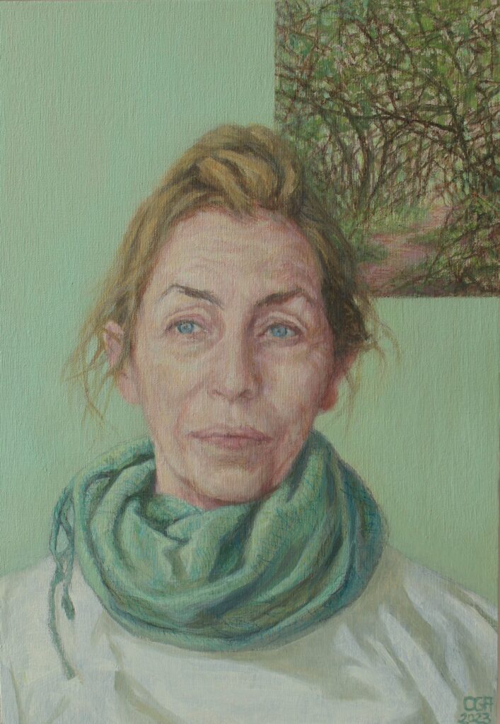 Autorretrato, 2023. Concha Gómez Acebo. Óleo / pastel / lienzo,35 x 24 cm.