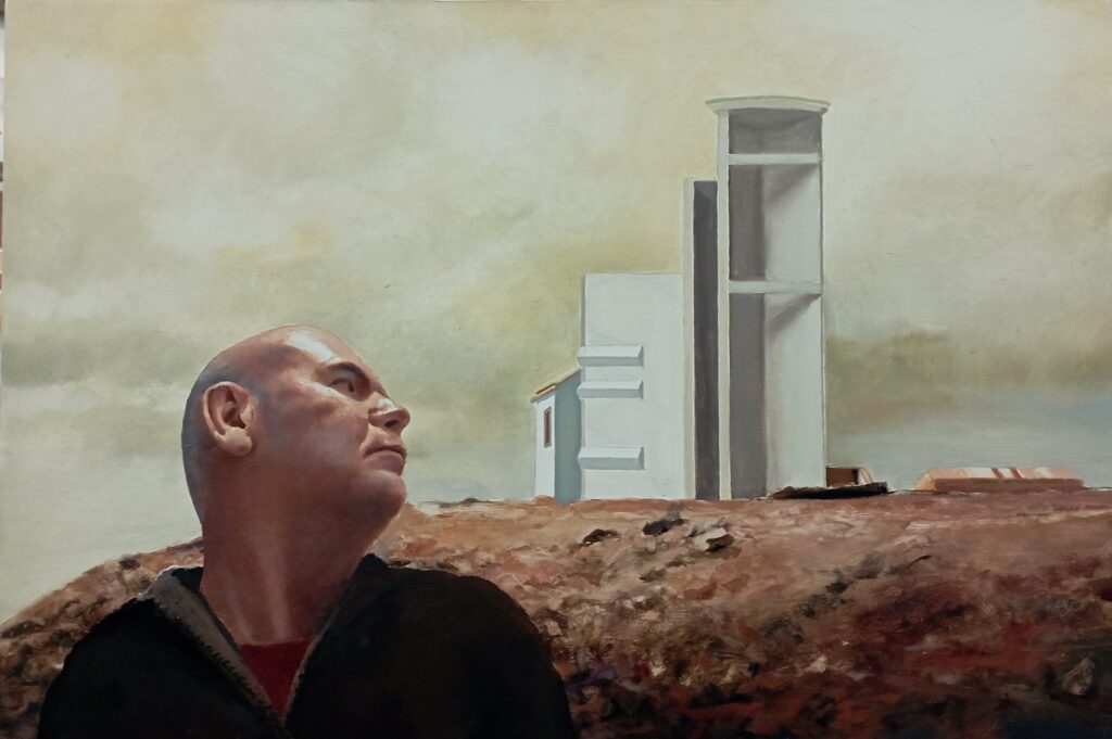 Mi refugio en Aguadinha, 2004-2023. Damián Flores. Óleo sobre madera, 39x58 cm. 