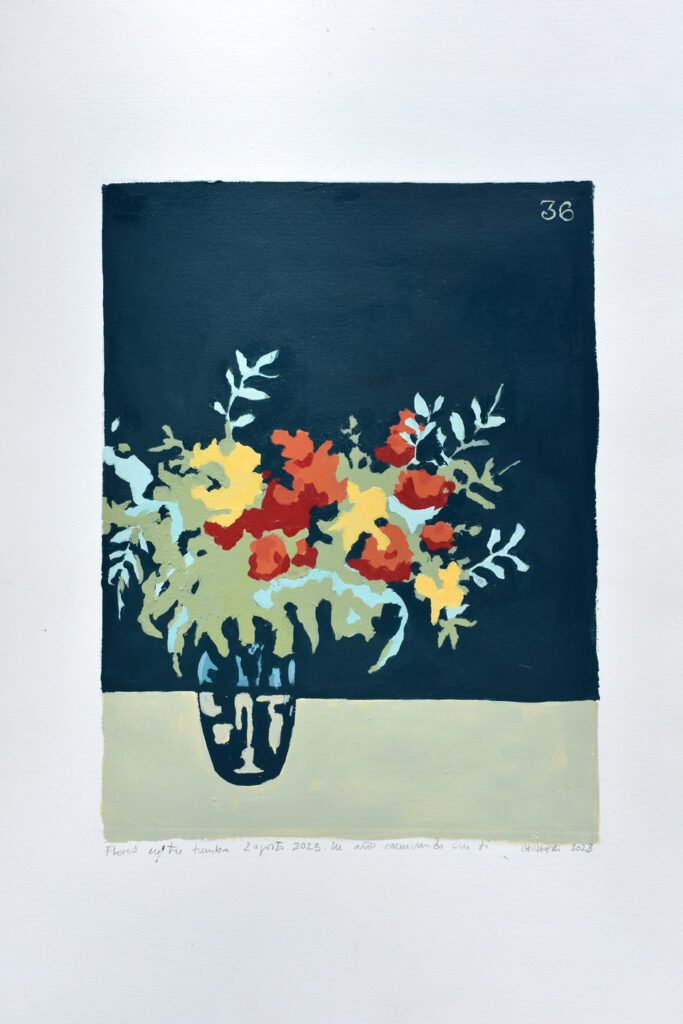 “Flores bajo tu tumba”. Acrílico sobre papel 48 x 75 cm (enmarcado)