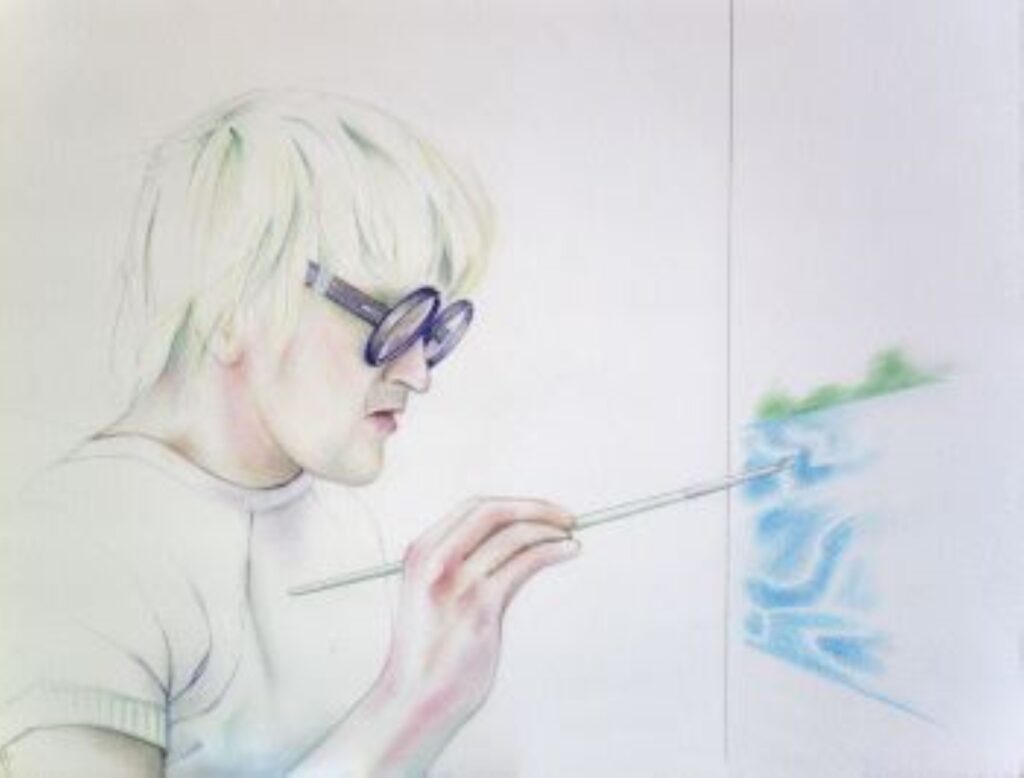 HOCKNEY PAINTING A POOL, 2023.Lápiz/papel, 20,7x42 cm.