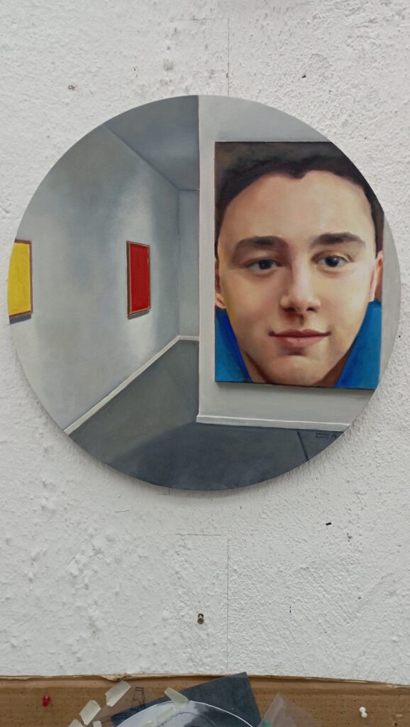 Damián Flores. Samu en Utopía, 2024. Óleo tela, 50 cm. diámetro