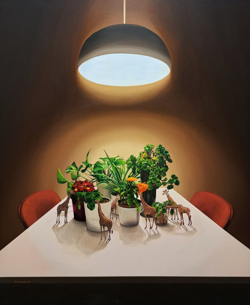 Merienda Jirafa, 2024. Óleo y acrílico sobre lino, 100 x 81 cm
