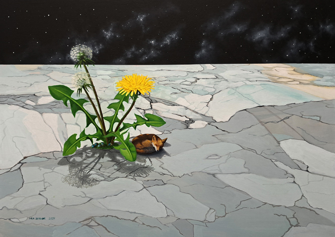 La siesta, 2024. Óleo y acrílico sobre lino, 38 x 55 cm.