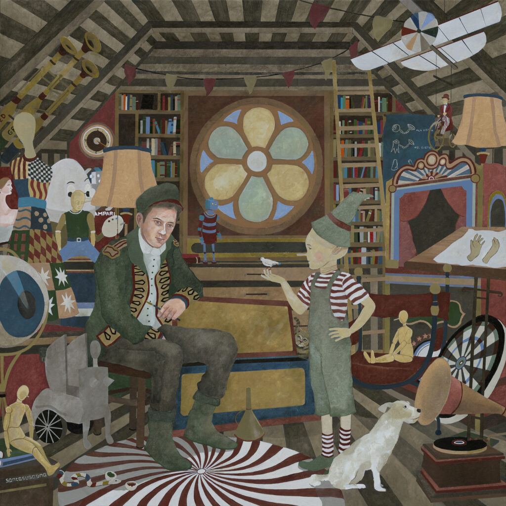 OSCAR SANTASUSAGNA El museo de los autómatas , 2024 Acrílico sobre lienzo, 100 x 100 cm